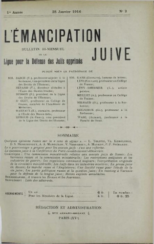 L'Emancipation Juive. Vol. 1 n° 2 (25 janvier 1916)